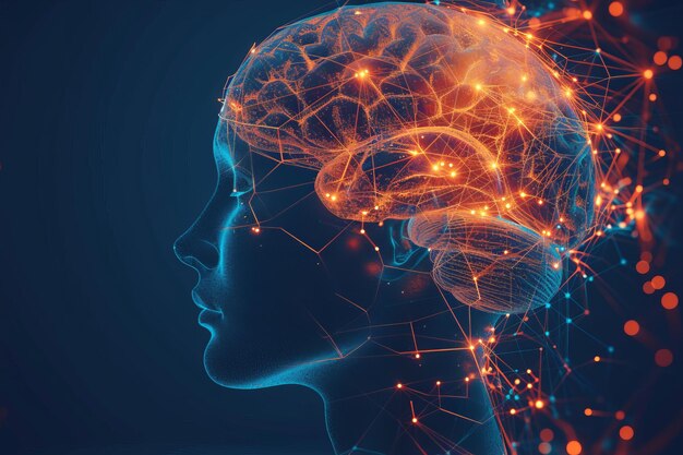 Un'illustrazione digitale di una testa di donna con un cervello luminoso