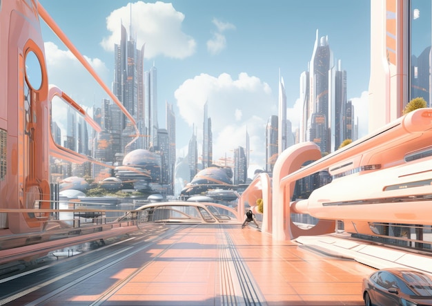 Un'illustrazione digitale futuristica di un paesaggio urbano color pesca con un'architettura elegante e moderna