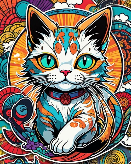 Un'illustrazione digitale molto vibrante di un adesivo per gatti giocoso nello stile della pop art giapponese