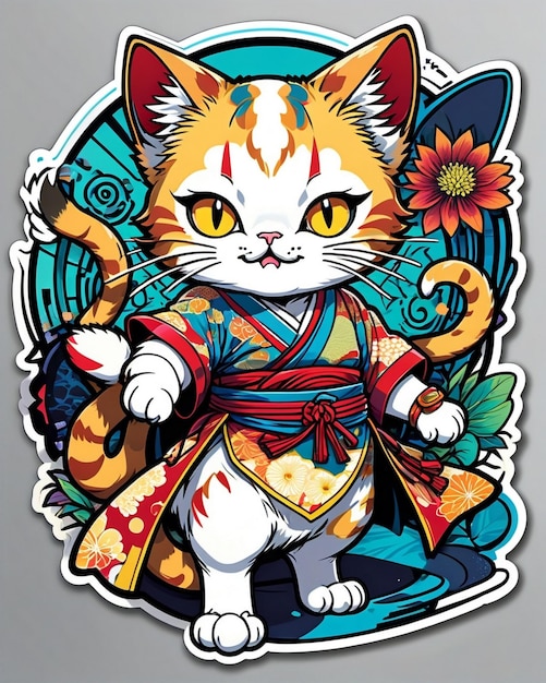 Un'illustrazione digitale molto vibrante di un adesivo per gatti giocoso nello stile della pop art giapponese