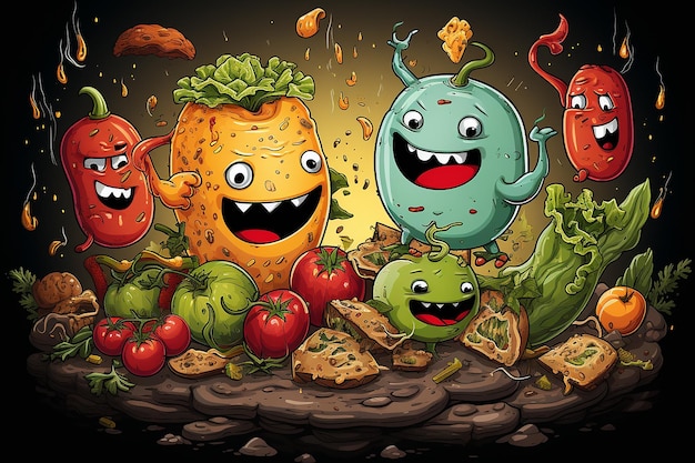 Un'illustrazione divertente di alimenti coinvolti in un gioco generato dall'AI