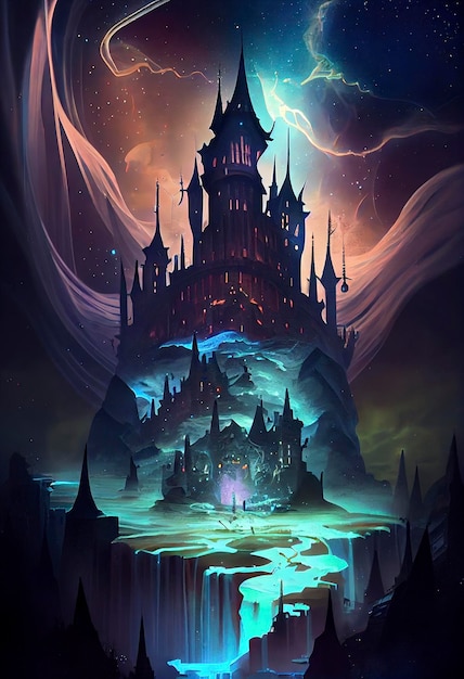 Un'illustrazione fantastica epica con un castello gigante bellissima magia racconto misterioso generativo ai