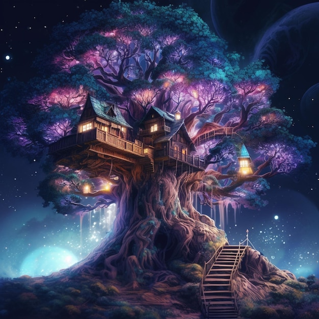 Un'illustrazione fantasy di una casa sull'albero con una casa in cima.