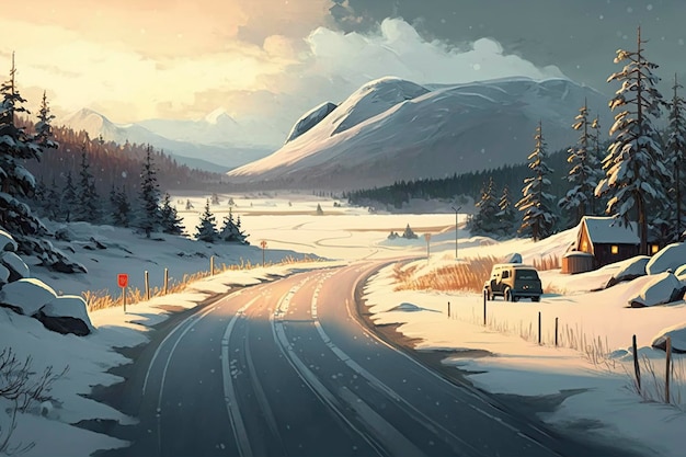 un'illustrazione frozen norvegia strada invernale ai generativo