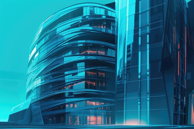 Un'illustrazione futuristica di un elegante edificio blu ciano ultra moderno