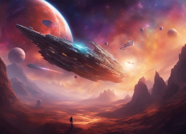 Un'illustrazione futuristica di una scena spaziale sci-fi della galassia