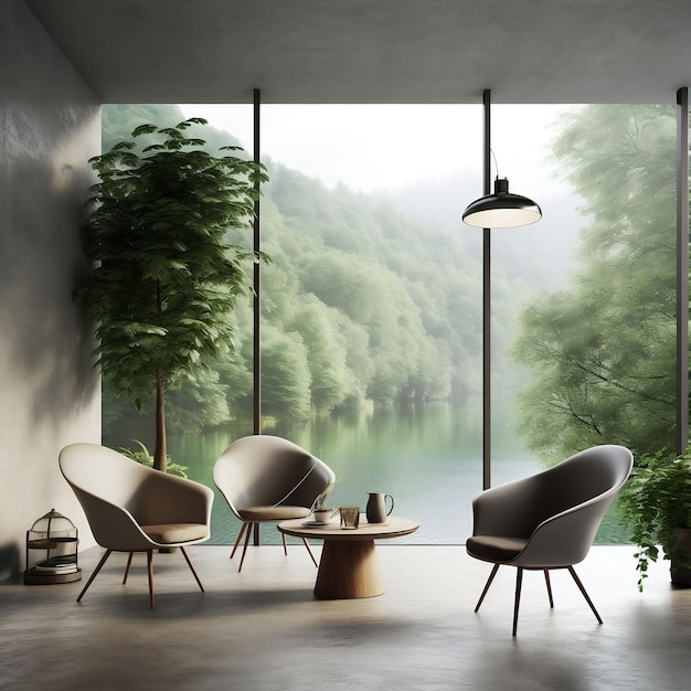 Un'illustrazione generata dall'AI di un soggiorno con una vista pittoresca di un lago, con posti a sedere confortevoli e grandi finestre