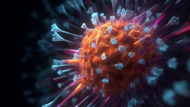Un'illustrazione generata dall'AI di un virus che infetta una cellula circondata da piastrine
