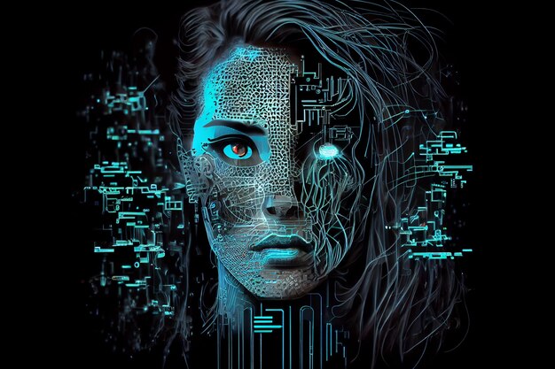 Un'illustrazione generata dall'AI di una testa robotica femminile circondata da codici binari su sfondo scuro