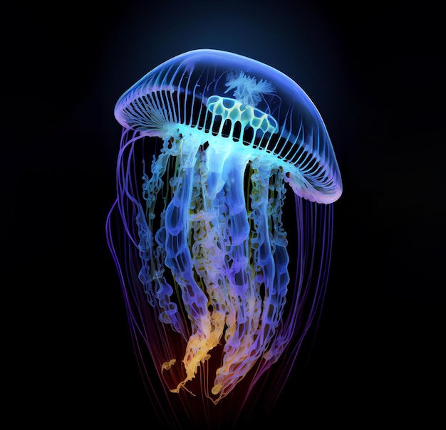 Un'illustrazione generata dall'AI di una vibrante medusa che scivola in un oscuro abisso sottomarino