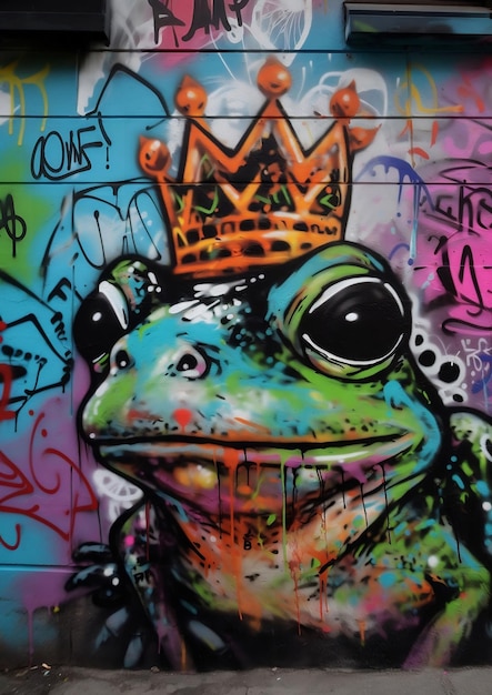 Un'illustrazione generata dall'intelligenza artificiale di un graffito colorato di una rana con una corona