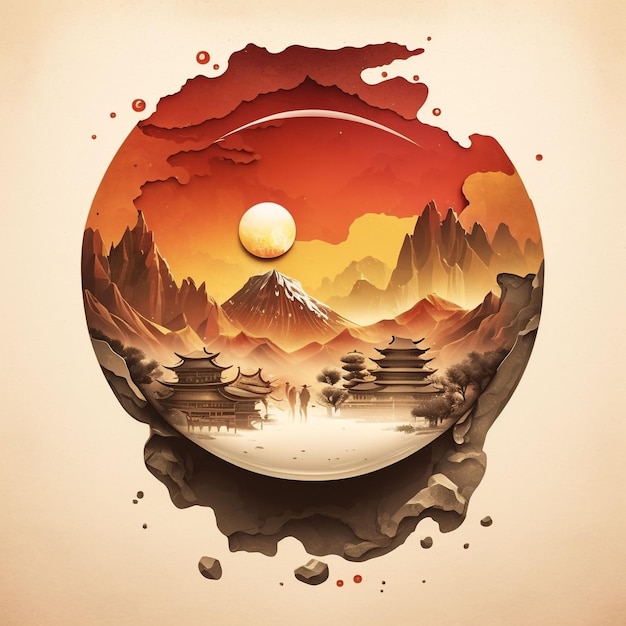 Un'illustrazione generata dall'intelligenza artificiale di una scena tranquilla di un tramonto arancione in un maestoso paesaggio montano, in Cina