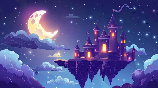 Un'illustrazione illustrata di una fortezza medievale con torri e luce nelle finestre pezzi di terra che galleggiano nelle nuvole una luna che brilla nel cielo notturno un'interfaccia di gioco per un gioco di favole