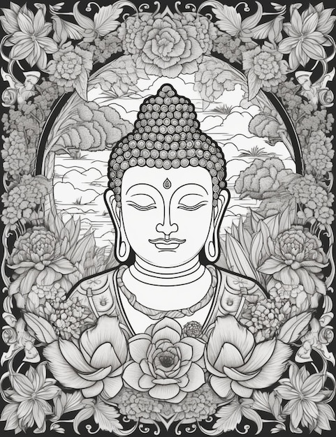 Un'illustrazione in bianco e nero di buddha con fiori e foglie.