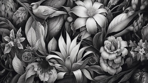 Un'illustrazione in bianco e nero di fiori e lea