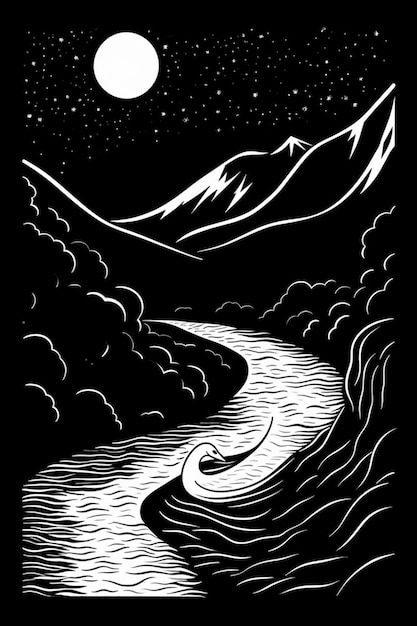 Un'illustrazione in bianco e nero di un fiume con una montagna sullo sfondo.