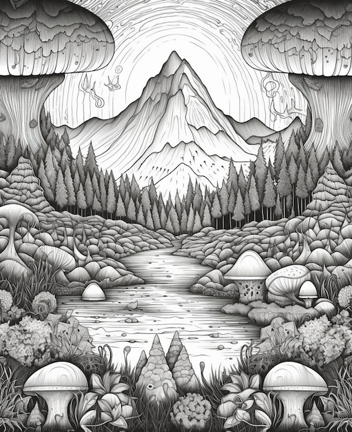 Un'illustrazione in bianco e nero di un lago circondato da alberi e montagne.