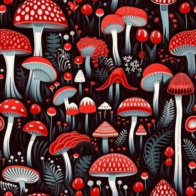 Un'illustrazione in bianco e nero di un modello di funghi e piante.