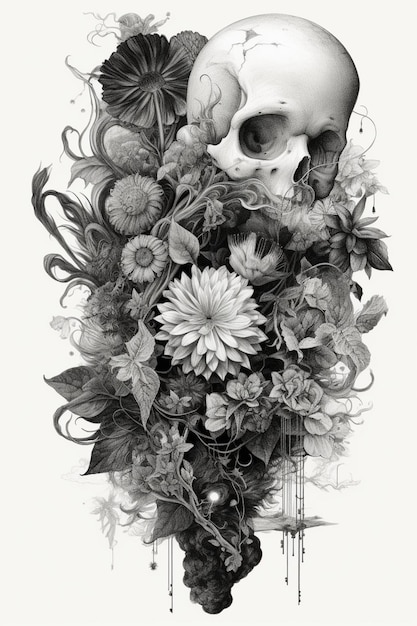 Un'illustrazione in bianco e nero di un teschio e fiori.