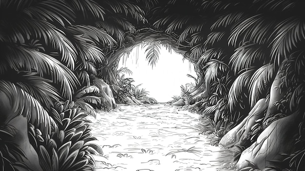 un'illustrazione in bianco e nero di un tunnel con un sentiero che porta a una foresta