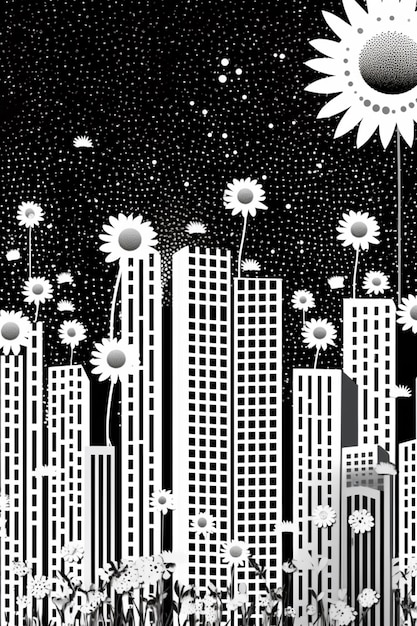 un'illustrazione in bianco e nero di una città con un girasole al centro ai generativo