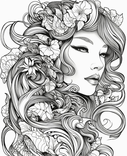 Un'illustrazione in bianco e nero di una donna con fiori tra i capelli.