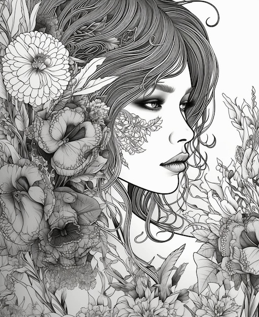 Un'illustrazione in bianco e nero di una donna con fiori tra i capelli.