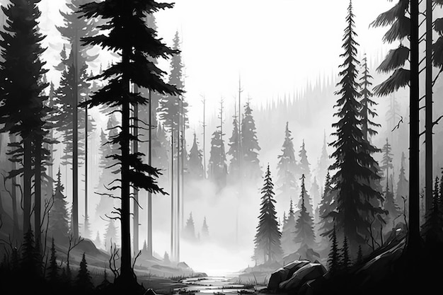 Un'illustrazione in bianco e nero di una foresta con un fiume in primo piano e alberi sullo sfondo.