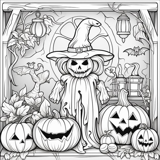 un'illustrazione in bianco e nero di una scena di Halloween con zucche generative ai