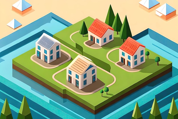 Un'illustrazione in stile cartone animato di case su una spiaggia.