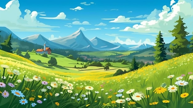 Un'illustrazione in stile cartone animato di un bellissimo paesaggio montano con fiori generativi ai