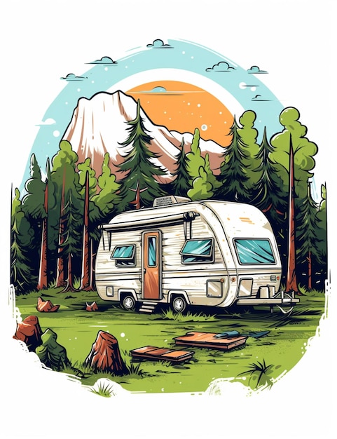 un'illustrazione in stile cartone animato di un camper in una foresta ai generativa