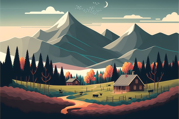 Un'illustrazione in stile cartone animato di un paesaggio montano con una casa e una casa in primo piano.