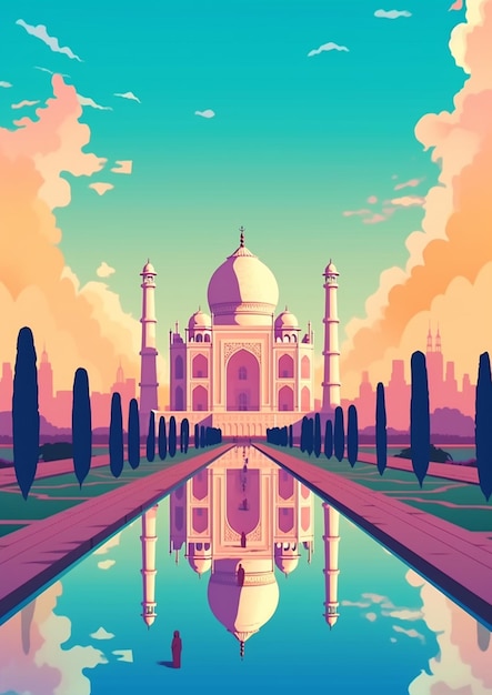 Un'illustrazione in stile cartone animato di un taj mahal con un riflesso nell'acqua generativa ai