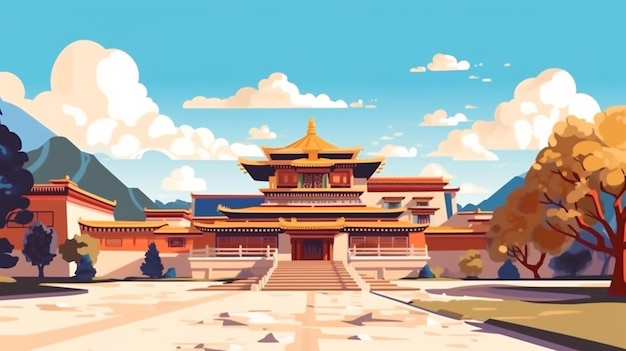 Un'illustrazione in stile cartone animato di un tempio cinese con un sentiero che lo conduce generativo ai