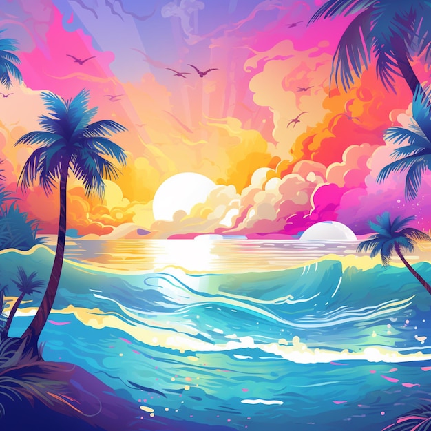 un'illustrazione in stile cartone animato di un tramonto tropicale con palme ai generative