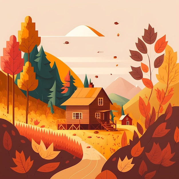 Un'illustrazione in stile cartone animato di una casa in una foresta con foglie autunnali sul terreno.