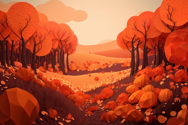 Un'illustrazione in stile cartone animato di una foresta con foglie d'arancio e una strada.