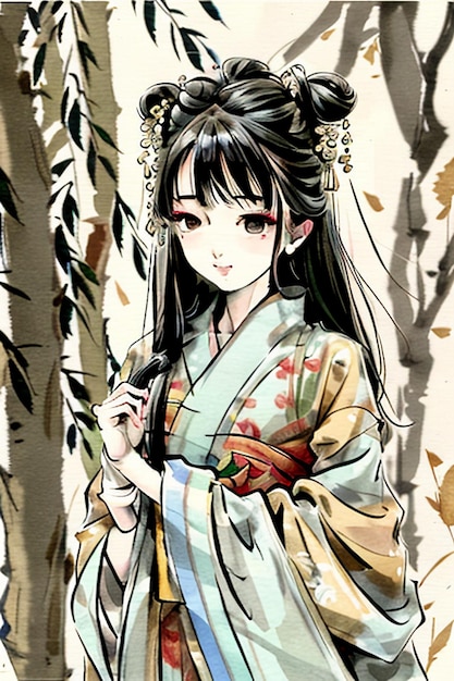 Un'illustrazione in stile cartone animato di una ragazza in un kimono.