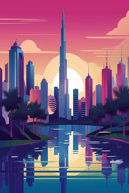 Un'illustrazione in stile cartone animato di uno skyline della città con un fiume e palme generative ai