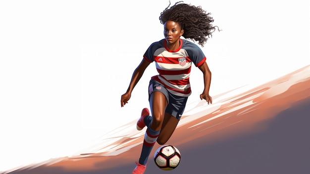 Un'illustrazione individuale di una giocosa giocatrice di calcio femminile su uno sfondo colorato con una maglia colorata