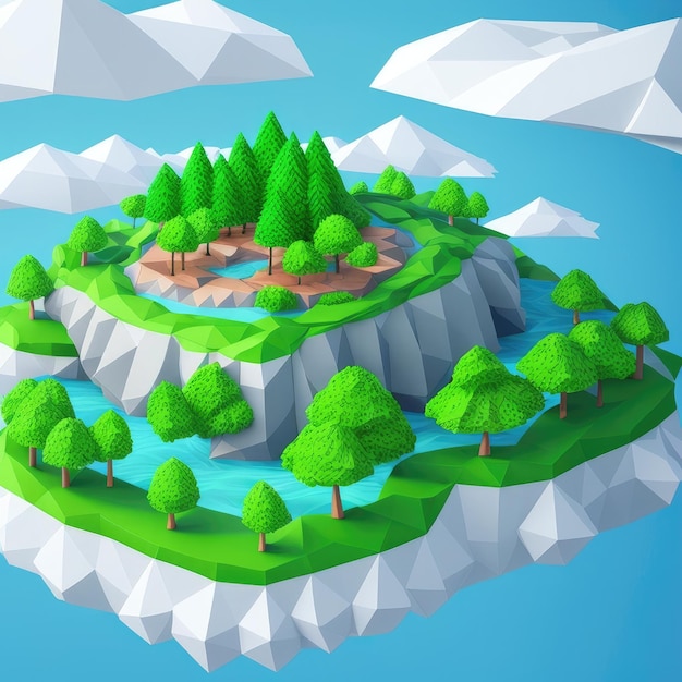 Un'illustrazione low poly di un lago circondato da alberi.