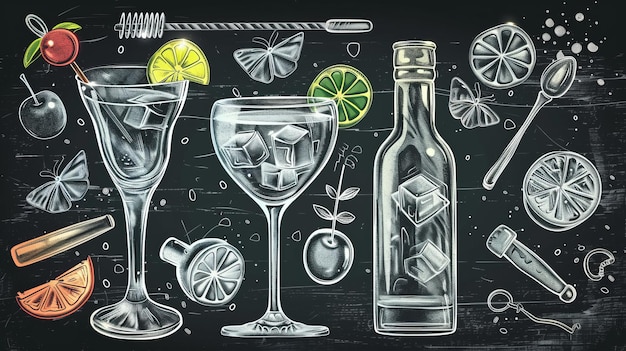 Un'illustrazione moderna EPS 10 di un poster di un cocktail in stile vintage con gesso su una lavagna