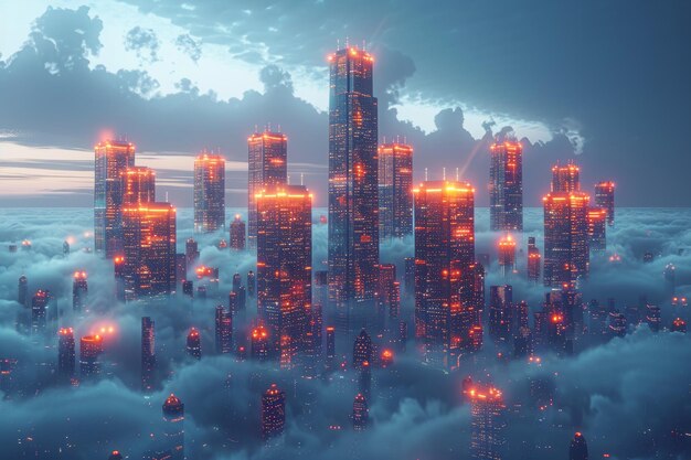 Un'illustrazione moderna futuristica di una città intelligente isolata su uno sfondo blu che illustra il concetto di gestione tecnologica degli edifici Il grattacielo è incorniciato in un poligonale allungato