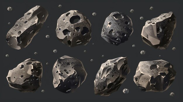 Un'illustrazione moderna realistica di una cintura di asteroidi con rocce e meteore che volano in assenza di gravità con varie forme