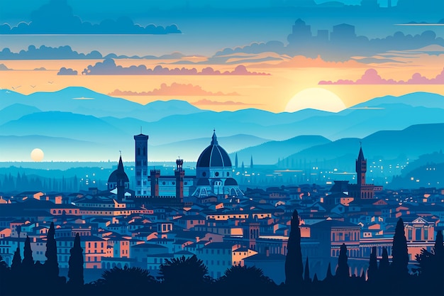 Un'illustrazione piatta dello skyline a gradiente vettoriale di Firenze, città italiana, bella città europea