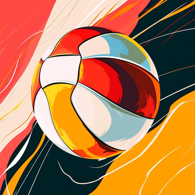 Un'illustrazione piatta energica e astratta di una pallavolo colorata presentata in uno stile dinamico