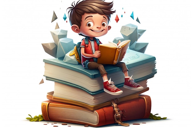 un'illustrazione realistica di un ragazzo seduto su un grande libro