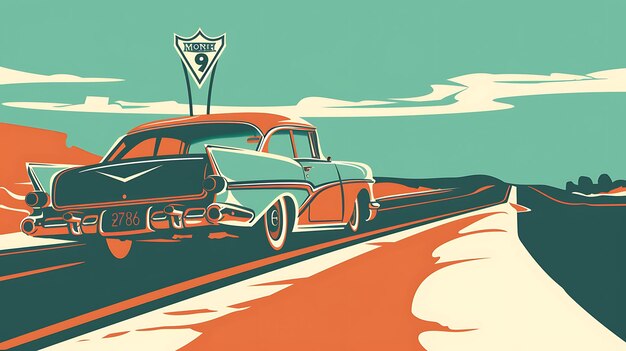 Un'illustrazione retro di un'auto classica degli anni '50 che guida su una strada attraverso un paesaggio desertico