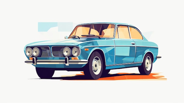 Un'illustrazione riccamente colorata di un'auto blu degli anni '70